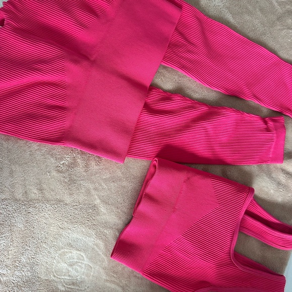 Source Unknown Pants - Source Unknown Pink Ribbed Leggings and Top Set